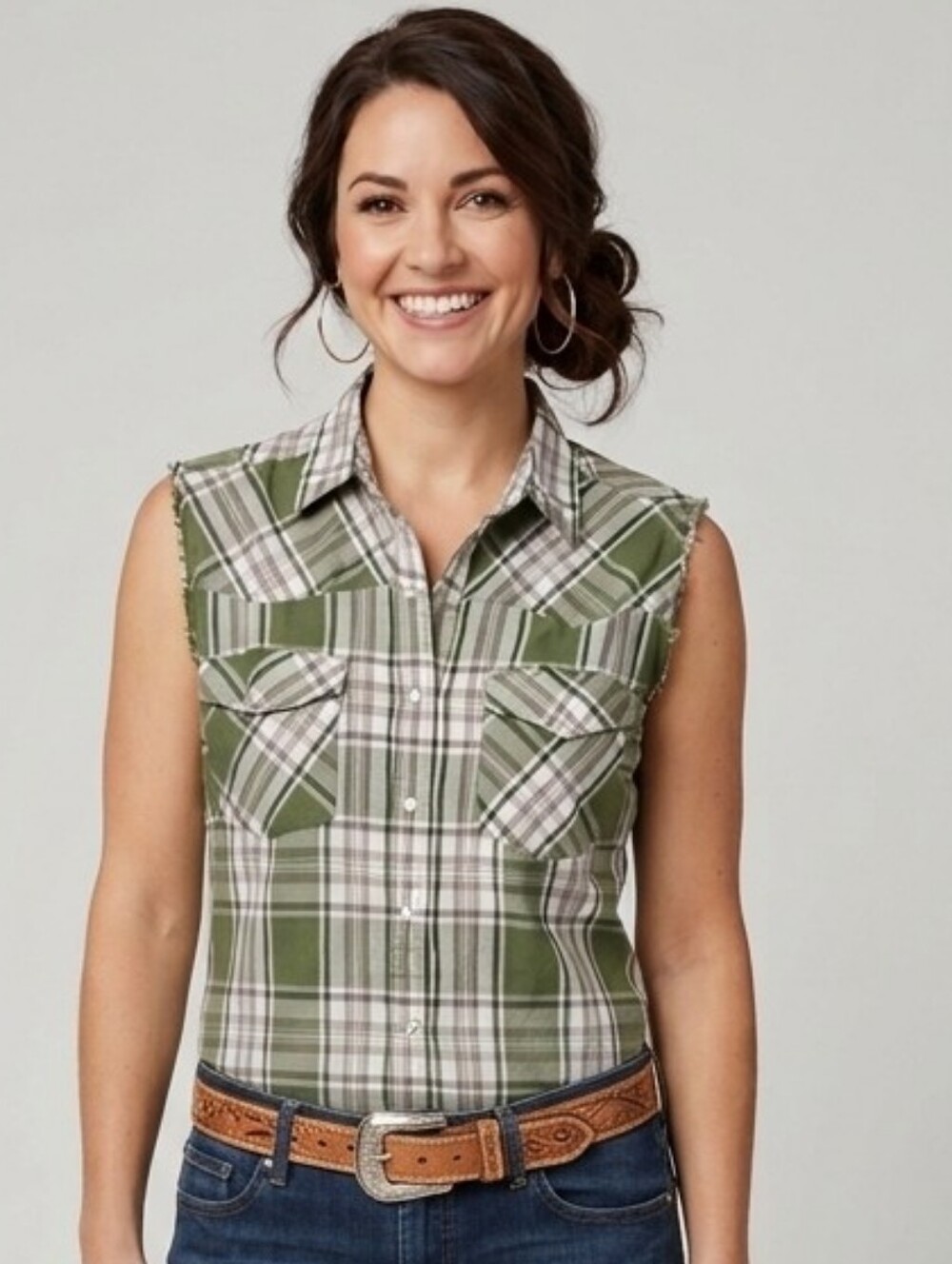 Sleeveless Olive Plaid Button-Down Shirt